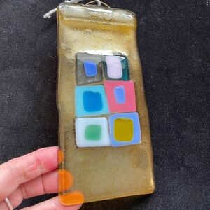 "Golden Lights”Fused Art Glass  Hanging Plaque 6.5”x3” Original Design Handmade